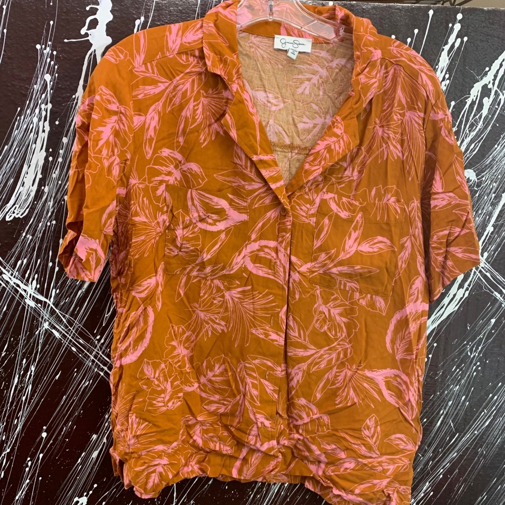 Jessica Simpson Womens Large Orange Pink Tropical Leaf Viscose Button Down Shirt